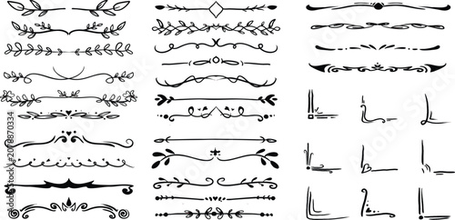 vintage floral corner ornaments and lines with a classic Victorian hand drawn style. Editable vector set