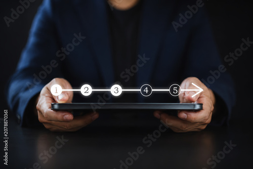 Foto Business plan progress step, Man with a tablet and step checklists with progressive loading status to remind work task progressive for project development tracking and managing concept