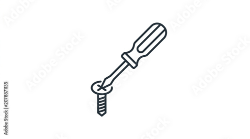 Fotografi Screwdriver turning a screw in a simple line drawing illustration