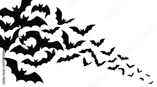 Silhouette vector illustration of a swarm of wild bats flying together in a stream