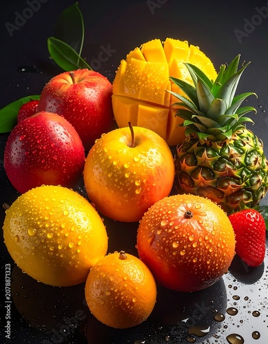 A vibrant arrangement of fresh fruits on a sleek black surface (1)