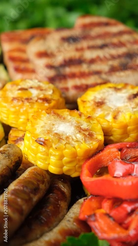 Healthy BBQ platter with vegetable, sausages and meat