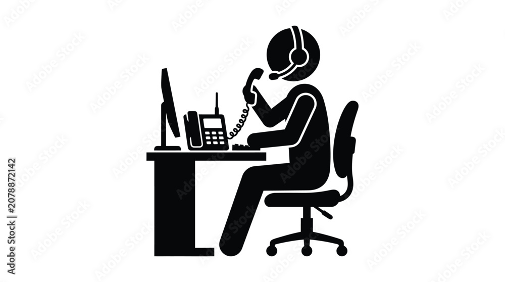 Fototapeta premium Office worker with headset and computer black silhouette