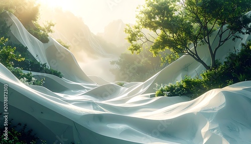 A serene landscape with white fabric covering the rolling hills