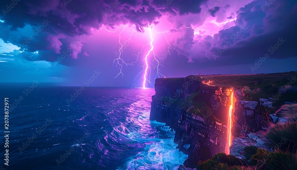 Fototapeta premium A stormy seascape with lightning illuminating cliffs and ocean (1)