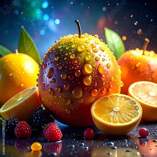 A still life of juicy fruits on a wet surface with a colorful background