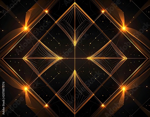 A symmetrical golden geometric pattern on a black background
