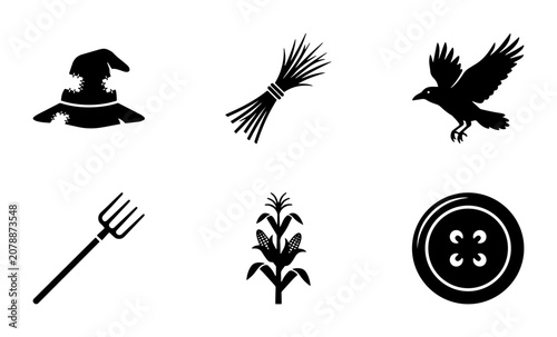 Foto Harvest Icons Set: Scarecrow Hat, Pitchfork, Crow, Corn Stalk, Hay Bale, Button