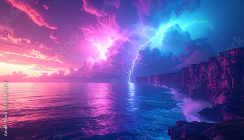 A serene ocean sunset with vibrant pink and blue hues