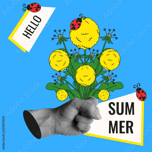 Summer Collage. Trendy vector Collage with Halftone hand with Summer dandelion flowers and ladybug isolated blue background. Nostalgia Summer art with bold season message. EPS 10