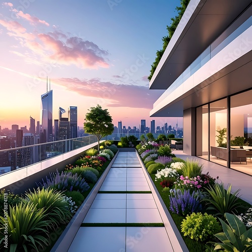 A serene rooftop garden overlooking a vibrant cityscape at sunset