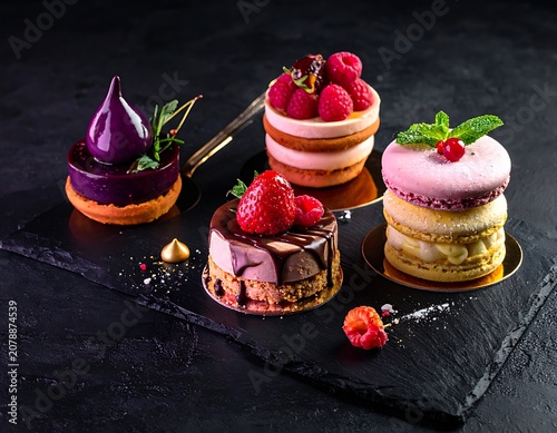 Assorted desserts on a slate plate