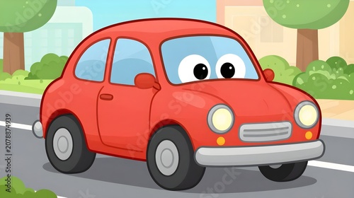  Cute Red Cartoon Car with Big Eyes Driving on City Street, Adorable Smiling Vehicle Character Illustration for Kids Stories, Learning Apps, Nursery Posters, Animated Videos and Early Childhood 