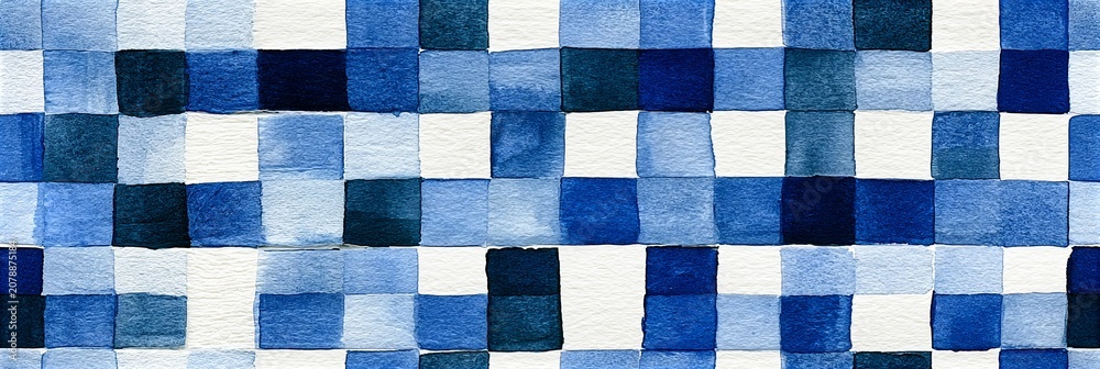 Fototapeta premium Blue watercolor gingham pattern creating abstract seamless background. Watercolor brushstrokes forming a decorative blue and white checkered pattern