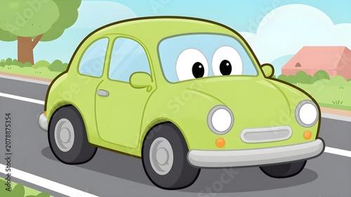  Cheerful Green Cartoon Car with Big Eyes on Roadside Background, Playful Smiling Vehicle Character Illustration for Children Stories, Learning Apps, Nursery Decor, Coloring Pages and Educationa