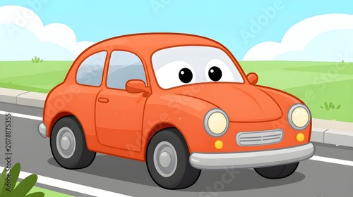  Cute Orange Cartoon Car with Big Eyes Driving on Country Road, Adorable Smiling Vehicle Character Illustration for Kids Books, Learning Apps, Nursery Posters, Animated Stories and Educational V