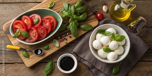 Fresh tomatoes and mozzarella balls with basil on a rustic wooden table with olive oil and spices