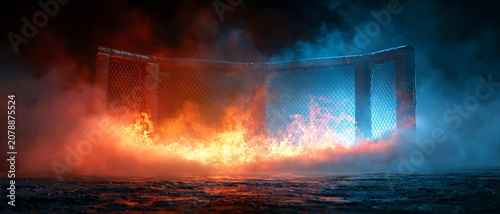 Red and blue fire burning around the mix martial arts stage , black background.