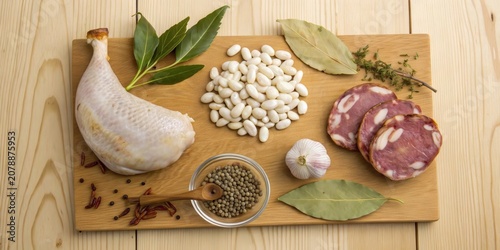 Key ingredients for white beans Toulouse dish arranged on a wooden board for cooking preparation