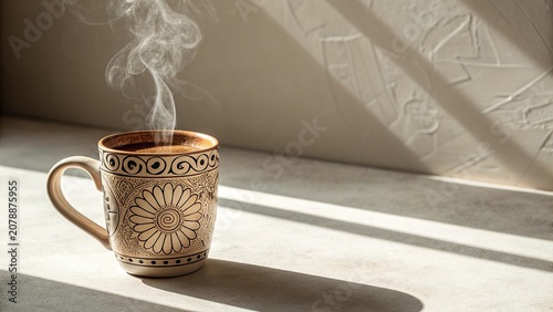 Mug releasing steam sits in the corner of a sunlit surface with soft shadows creating a serene atmosphere
