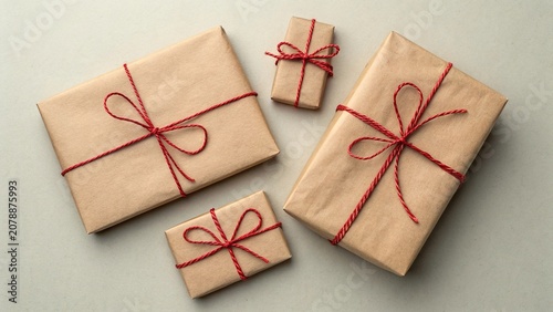 Neatly wrapped kraft paper gifts arranged for a special occasion on a light background