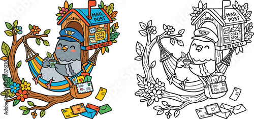 Cozy Pigeon Mail Post Cute Bird Resting in Hammock with Letters