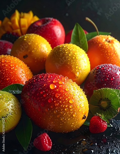 A vibrant arrangement of fresh fruits with dew drops on a dark background
