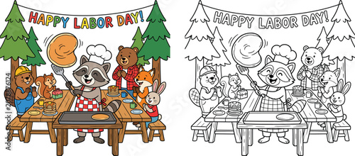 Happy Labor Day Forest Animals Pancake Party Cute Woodland Friends Celebrate with Breakfast Feast