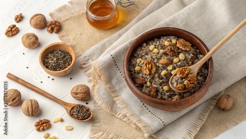 Delicious Ukrainian kutia sweet wheat pudding served with nuts and honey on a rustic table