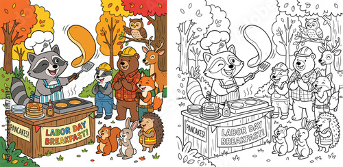 Labor Day Breakfast with Woodland Animals Raccoon Chef Flipping Pancakes for Forest Friends