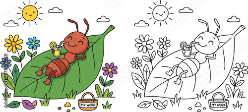 Relaxed Ant on Leaf with Drink My Work Basket Nearby Summer Vacation