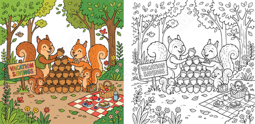Squirrel Family Acorn Savings for Vacation and Picnic Cute Woodland Finance