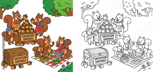 Squirrel Family Vacation Savings and Picnic Cute Woodland Animals Planning Getaway