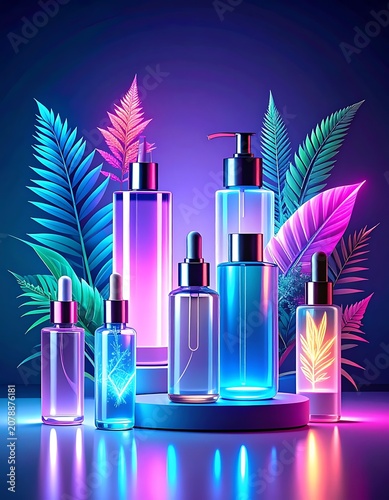 A vibrant arrangement of glowing perfume bottles surrounded by neon-lit leaves