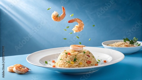 Floating shrimp and flavorful fried rice served on a white plate with vibrant colors and a blue backdrop