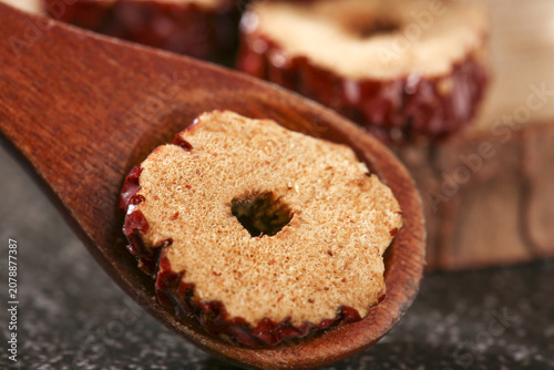 Ruoqiang Jujube Slices from Xinjiang - Traditional Chinese Healthy Food on Wooden Spoon