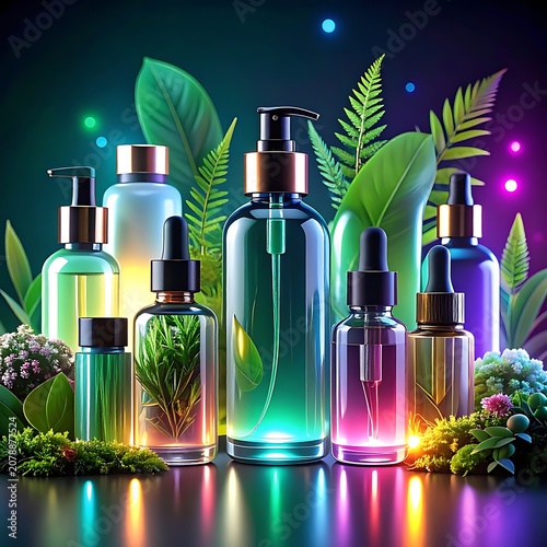 Colorful glass bottles with leaves and flowers