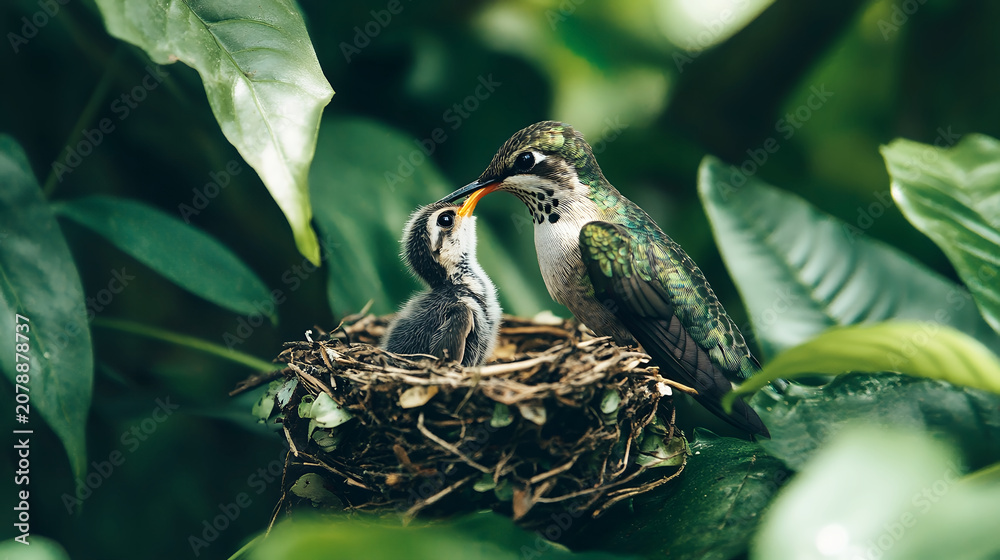 Fototapeta premium Hummingbird feeding its chick inside a small nest nestled among lush green tropical leaves in a dense forest canopy