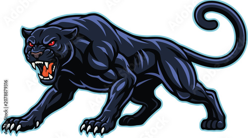 Aggressive black panther mascot logo prowling forward with fierce open jaws and sharp claws