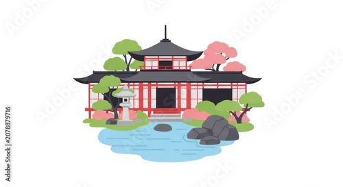 Traditional Japanese House with Pond.