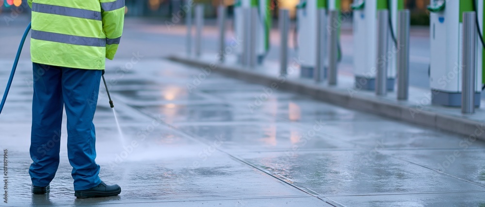 Obraz premium Worker cleaning pavement with pressure washer