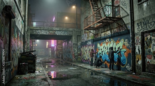 Artists painting graffiti on alley wall at night. Men creating urban street art in dark city environment. Creative expression, rebellious culture, city exploration and artistic life.