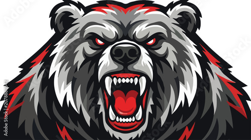 Fierce roaring grizzly bear head close up mascot logo illustration with glowing red eyes