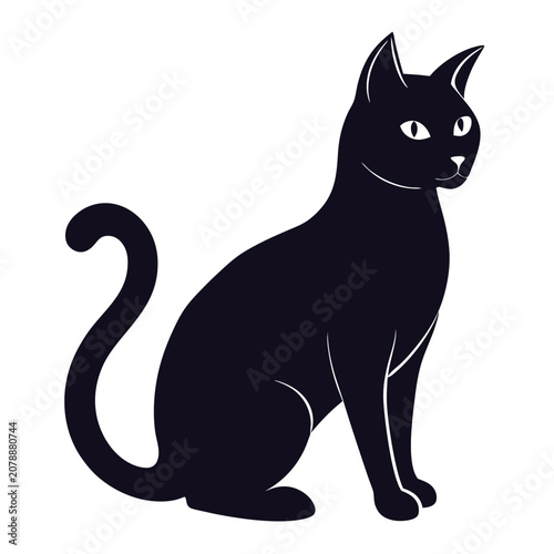 Black silhouette of a sitting cat on white background