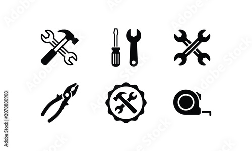Home repair and construction tools black icon set collection.