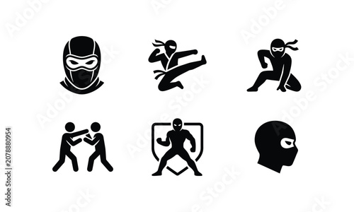 Set of six ninja fighter icons for combat games and sports.