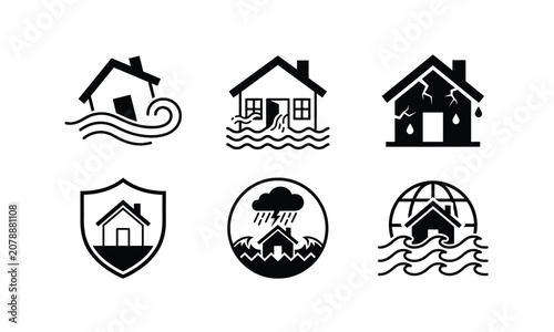 Set of six disaster icons representing natural calamities.