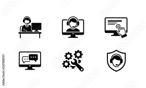 Set of six customer support and technical assistance icons.