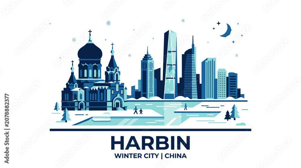 Obraz premium Harbin Winter Cityscape with Orthodox Cathedral, Modern Skyscrapers and Snowy Landscape China