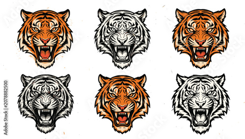 Tableau sur toile Angry Roaring Tiger Head Mascot Vector Set with Ferocious Wild Cat Faces and Fan